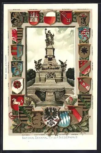 Passepartout-Lithographie Niederwald, das National-Denkmal, Wappen
