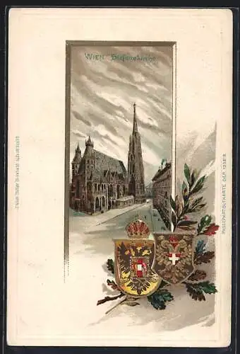 Passepartout-Lithographie Wien, Ansicht der Stefanskirche, Wappen