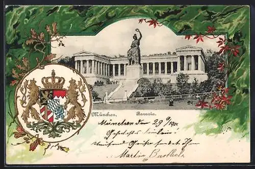 Passepartout-Lithographie München, Bavaria mit Ruhmeshalle, Wappen