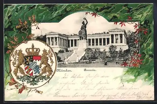 Passepartout-Lithographie München, Bavaria mit Ruhmeshalle, Wappen