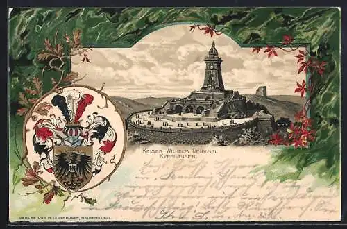 Passepartout-Lithographie Kyffhäuser, Kaiser Wilhelm Denkmal mit Wappen