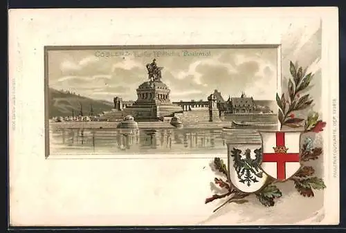 Passepartout-Lithographie Coblenz, Kaiser Wilhelm Denkmal am Deutschen Eck, Wappen