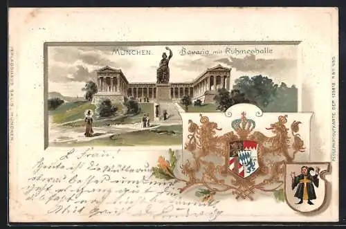 Passepartout-Lithographie München-Theresienhöhe, Bavaria mit Ruhmeshalle und Wappen
