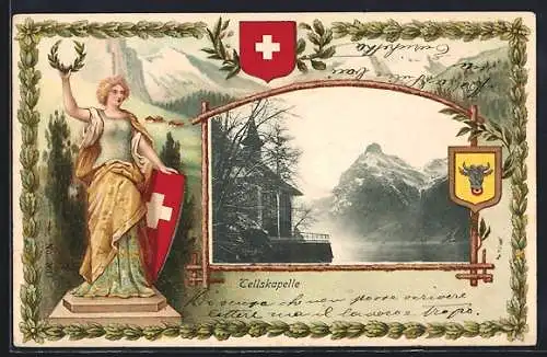 Passepartout-Lithographie Tellskapelle, Bergpanorama am Vierwaldstättersee, Wappen