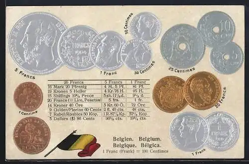 AK Belgien, Münzkarte, Geldmünzen & Nationalflagge