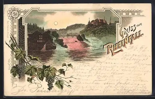 Lithographie Uferpartie mit Rheinfall und Blick nach Schaffhausen, Wasserfall