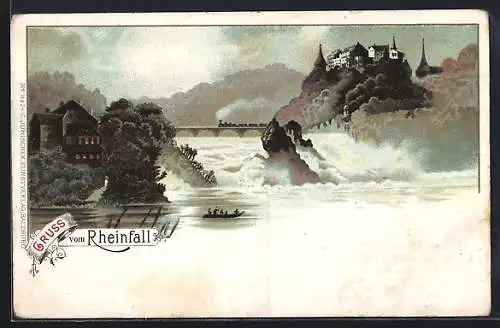 Lithographie Neuhausen am Rheinfall, Ortsansicht mit dem Rheinfall