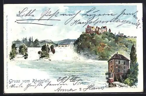 Künstler-AK Rheinfall, Ortsansicht, Schlösschen Wörth