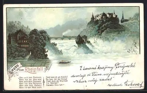 Lithographie Neuhausen am Rheinfall, Ortsansicht mit dem Rheinfall