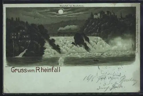 Mondschein-Lithographie Rheinfall, Ortsansicht vom Wasser aus, mit Bahnviadukt