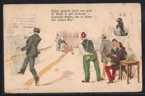 Lithographie Kegeln, Wirt läuft versehentlich in die Kegel, Bild §17 mit Pudel