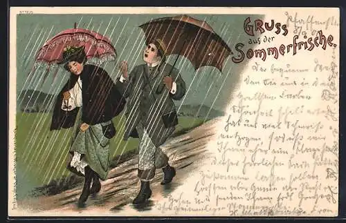 Lithographie Gruss aus der Sommerfrische, Paar mit Schirmen bei Regen auf der Landstrasse