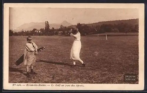 AK Evian-les-Bains, Le Golf au parc des Sports, Frau und Junge beim Golf