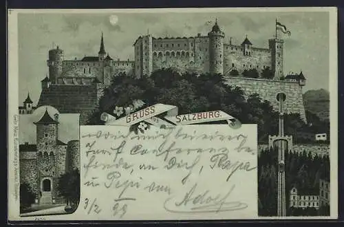 Mondschein-Lithographie Salzburg, Festung Hohen-Salzburg, Eingang