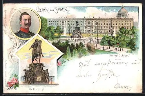 Lithographie Berlin, Denkmal vor dem kgl. Schloss, Denkmal des Gr. Kurfürsten