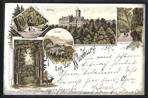 Lithographie Wartburg, Gesamtansicht, Drachenschlucht, Marienthal