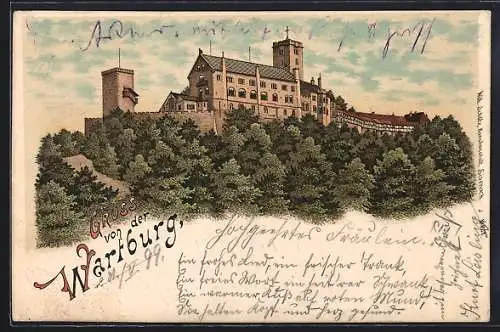 Lithographie Eisenach, Blick auf Wartburg