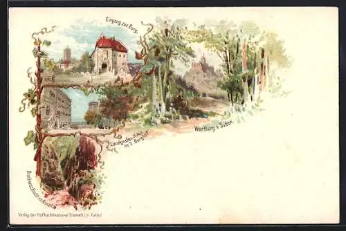 Lithographie Wartburg, Eingang, Landgrafen-Haus und Drachenschlucht