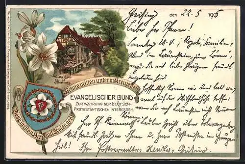 Lithographie Eisenach, Evangelischer Bund, Lutherstube auf der Wartburg, Wappen