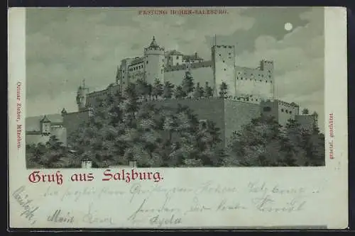 Mondschein-Lithographie Salzburg, Festung Hohen-Salzburg