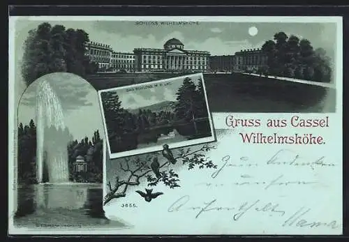 Mondschein-Lithographie Kassel, Schloss Wilhelmshöhe, Schloss m. d. Lac, Grosse Fontaine