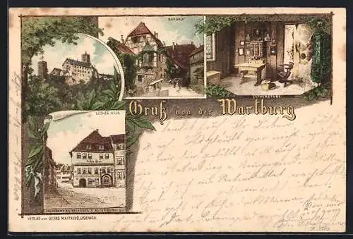 Lithographie Eisenach, Wartburg, Inneres Lutherstube, Burghof