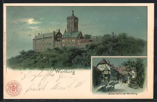 Lithographie Wartburg, Gesamtansicht, Erster Hof der Wartburg