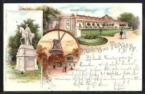 Lithographie Potsdam, Denkmal Friedrich d.Grossen, Historische Mühle, Schloss Sanssouci