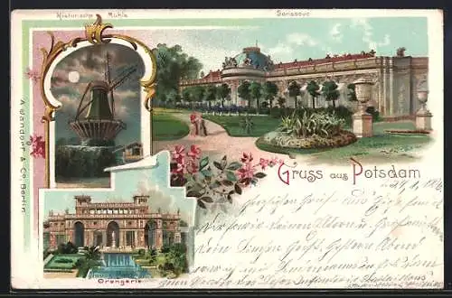 Lithographie Potsdam, Historische Mühle bei Vollmond, Sanssouci