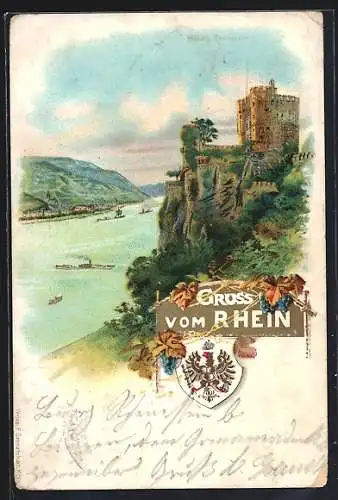 Lithographie Burg Rheinstein, Dampfschiffe auf dem Rhein