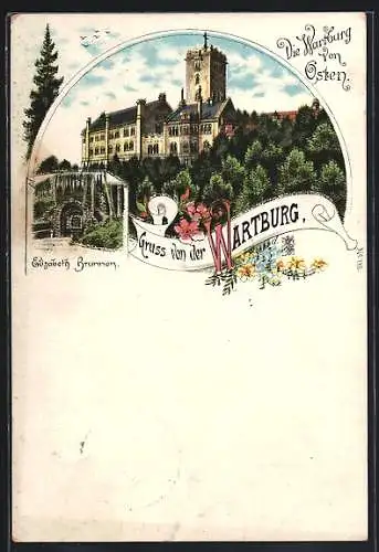 Lithographie Eisenach, Ansicht der Wartburg mit Elisabeth-Brunnen