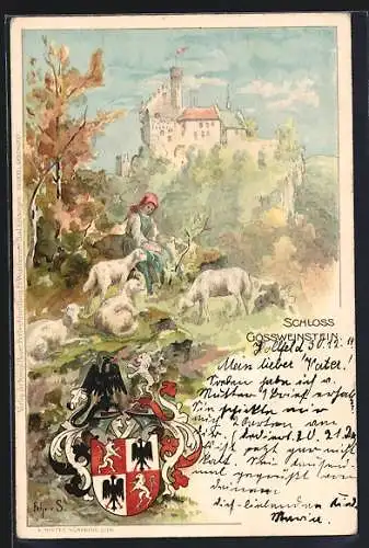 Lithographie Gössweinstein, Blick zum Schloss, Schäferin und Wappen