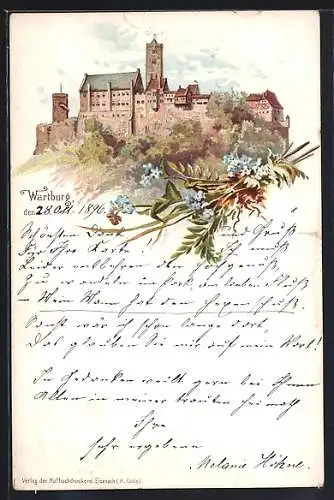 Lithographie Eisenach, Wartburg, Vergissmeinnicht