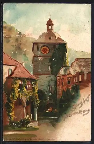 Lithographie Heidelberg, Burghof mit Turmuhr