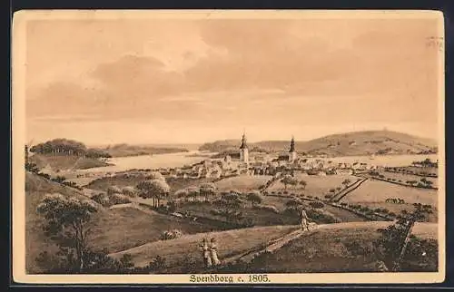 Künstler-AK Svendborg, Teilansicht mit Kirche 1805