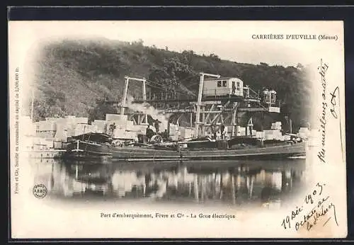 AK Euville, Carrières, Exploitation Fèvre & Cie., Port d`embarquement, la grue électrique