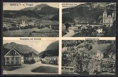 AK Spital a. P., Panorama m. Pyrgass, Hauptplatz mit Bosruck, Leonhartskirche & Orts-Einfahrt