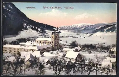 AK Spital am Pyhrn, Ortspartie mit Kloster und Pyhrnbahn im Winter