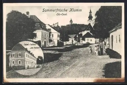 AK Klam /O.-Oe., Gasthaus Decker Zum Bachwirt, Mann mit Kinder auf der Strasse