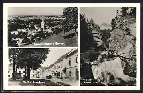 AK Saxen /O.-Oe., Gasthof Gusenbauer, Klamschlucht, Panorama mit Kirche