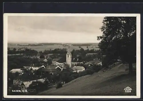 AK Saxen, Blick von der Bergwiese auf den Ort