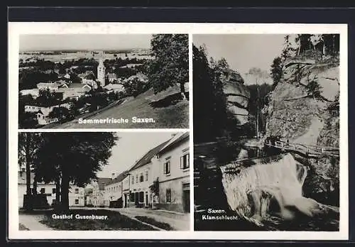 AK Saxen /O.-Oe., Gasthof Gusenbauer, Klamschlucht, Panorama mit Kirche