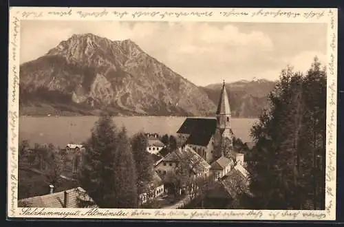 AK Altmünster /Salzkammergut, Teilansicht mit Bergpanorama