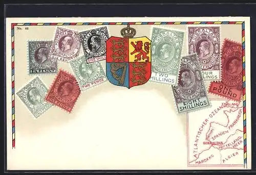 AK Briefmarken aus Gibraltar, Landkarte unten