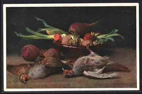 Künstler-AK Jagdstillleben mit Rüben