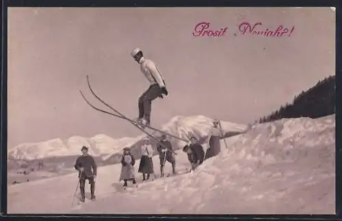 AK Skispringer bei einem Sprung, Neujahrsgruss