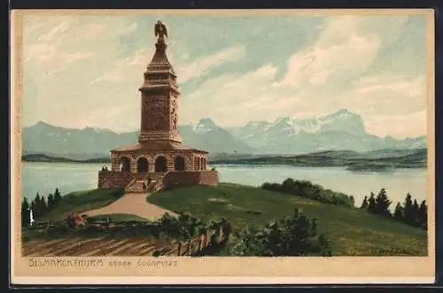 Künstler-Lithographie Zeno Diemer: Bismarckturm gegen Zugspitze