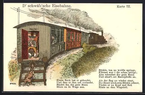 Lithographie D` schwäb`sche Eisebahne, Raucherabteil in der Eisenbahn