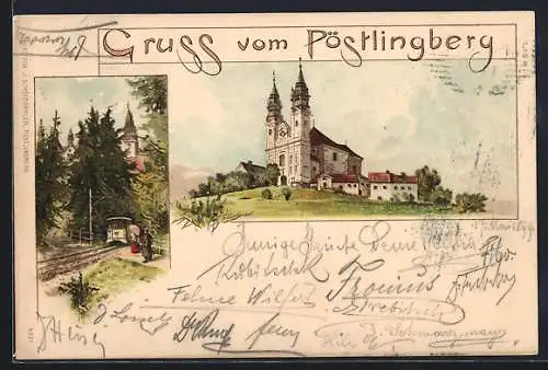 Lithographie Linz-Pöstlingberg, Bergbahn, Blick zur Kirche