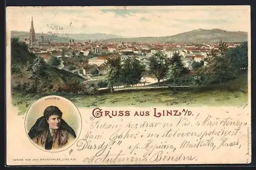 Lithographie Linz a. D., Totalansicht und Linzerin